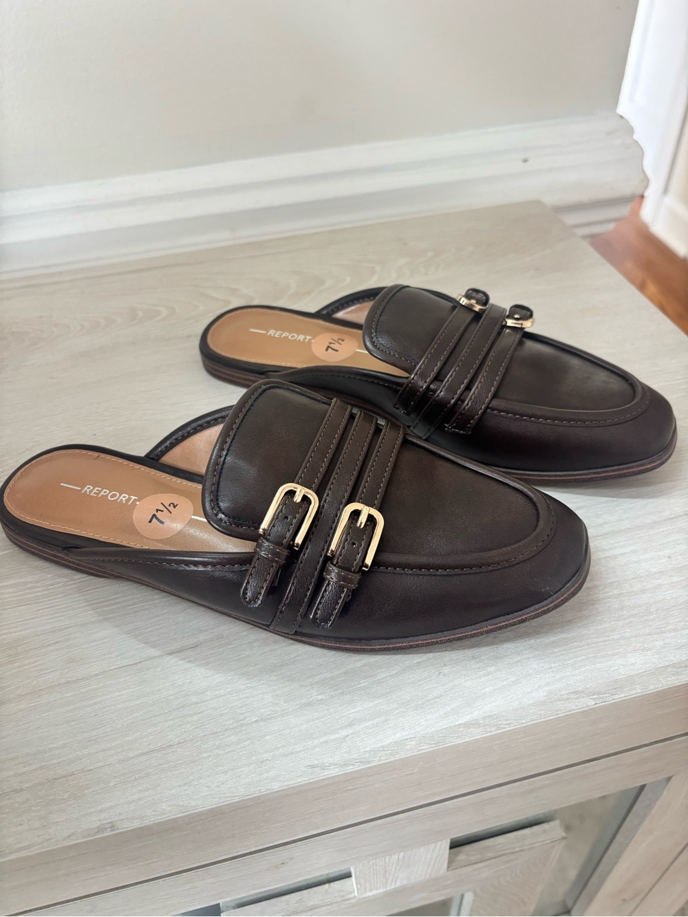 Report Women’s Dark Brown Double-Buckle Backless Mules